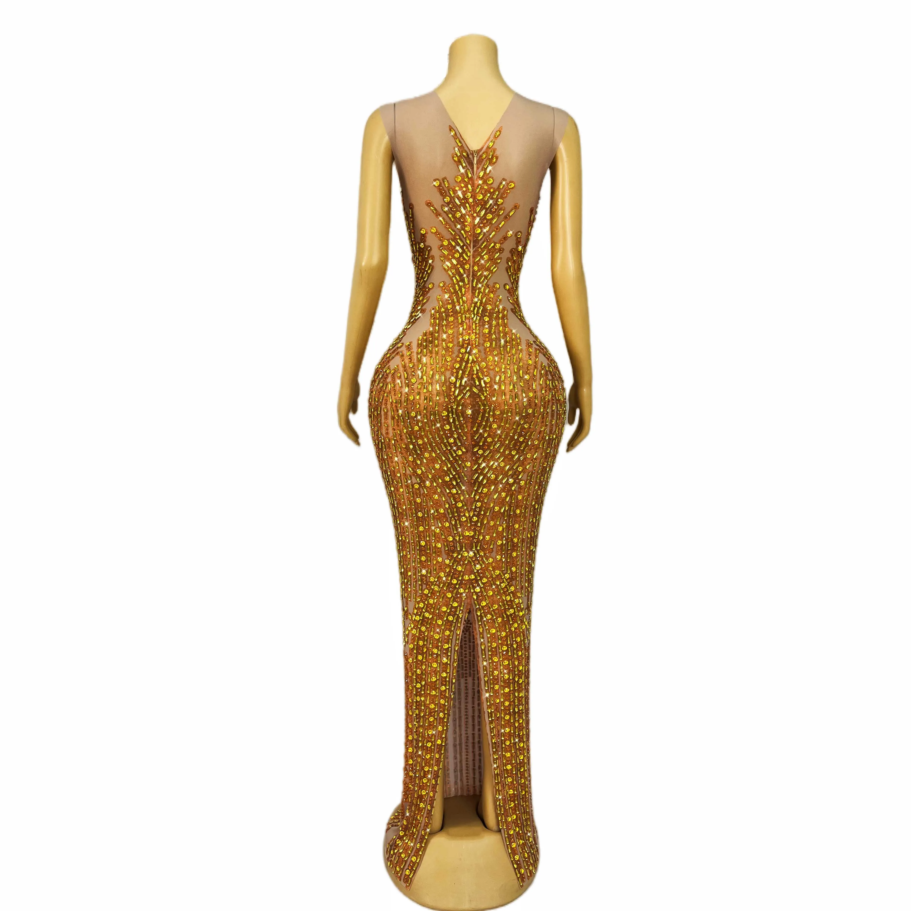 Wspaniała monochromatyczna pomarańczowa błyszcząca sukienka maxi z kryształkami na wieczorne przyjęcie koktajlowe, kostiumy sceniczne Lieyan