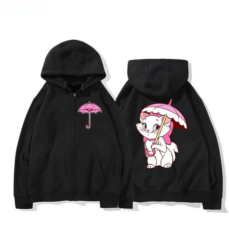 

Mico Tee Hoodie Women Cotton Zip Up Pullover 2025 Spring Autumn Graphic Sweatshirt Black Base Pink Umbrella Front White Marie