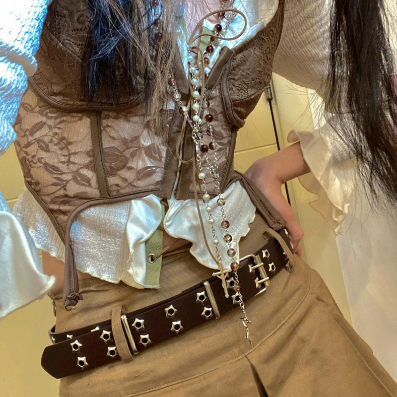 패션 남성 여성 펑크 스타일 체인 벨트 조정 가능한 중공 스타 더블 브레스트 버클 금속 버클 가죽 청바지 허리띠