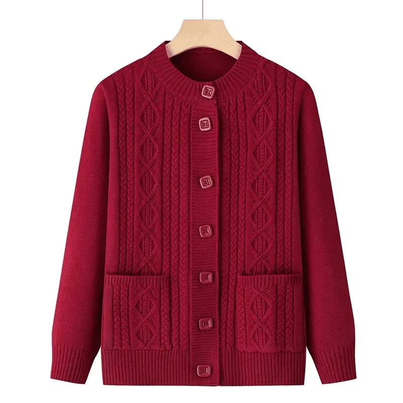 Female Knitting Cardigan Sweater Spring Autumn Middle Aged Mother Fashion Women's Bottoming Top Temperament Long Sleeve Sweater
