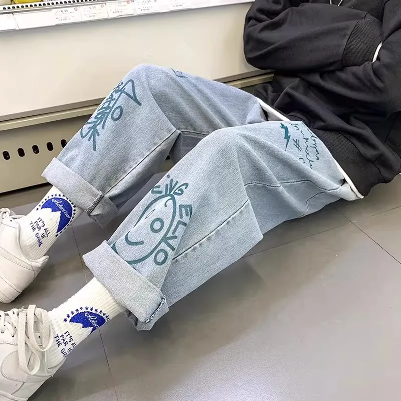 

Summer Loose Fit Men's Casual Pants Hong Kong Sle fiti Denim High Street Trend Straight Leg Wide Leg Jeans