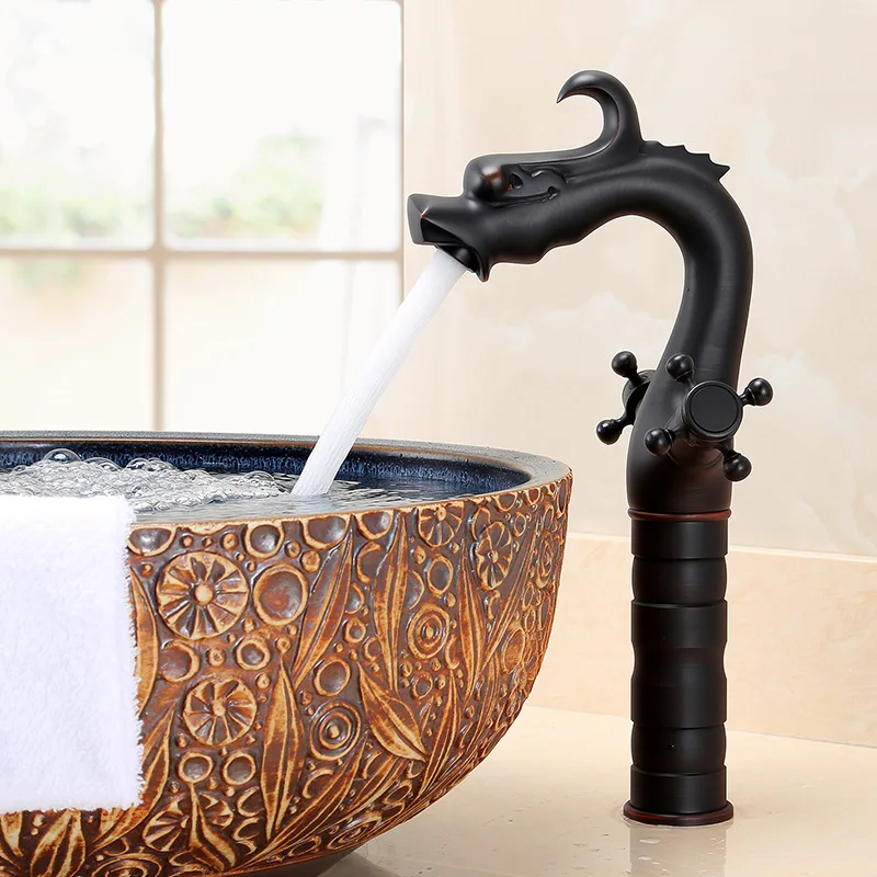 All-Copper European Antique Gold Faucet Dragon-Shaped Single-Hole Bathroom Retro Black Washbasin Basin Faucet Hot and Cold
