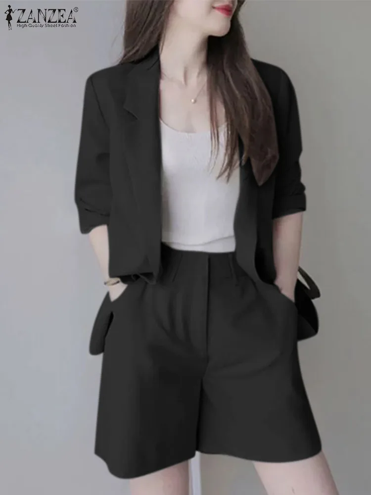 Women 2pcs Blazer Suits ZANZEA Casual Commute 3/4 Sleeve Blazer Coat and Elastic Waist Shorts Korean Fashion 2 Piece Short Sets