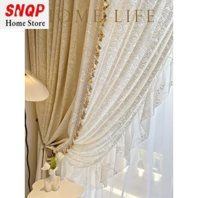 French Cream Retro Embossed Pattern Stitching Tassel Luxury Curtains for Living Room Bedroom Blackout Embroider Tulle Custom