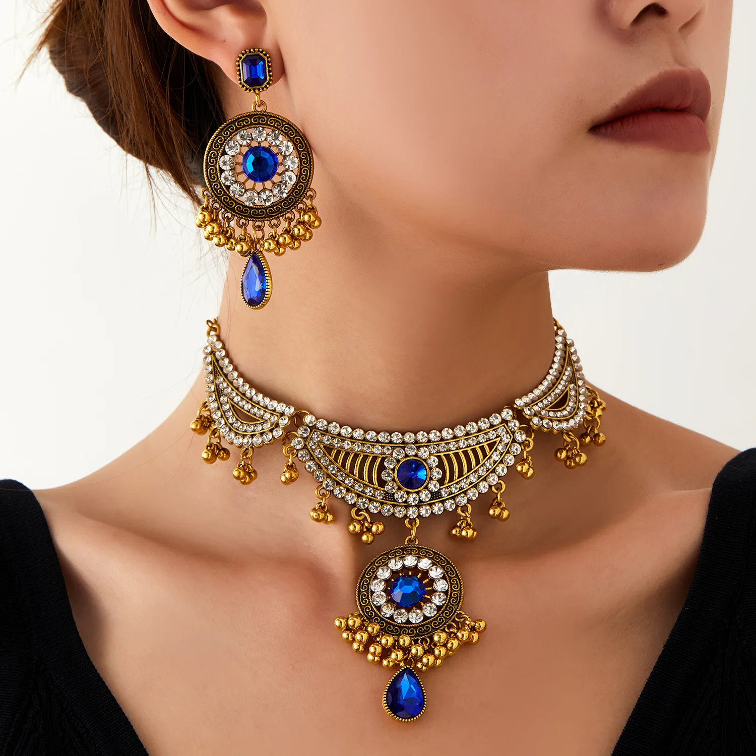 المجوهرات الهندية الرجعية البوهيمي العرقية نمط الفيروز اكسسوارات أنيقة المرأة قلادة أقراط طقم مجوهرات لهدية الحفلات #2