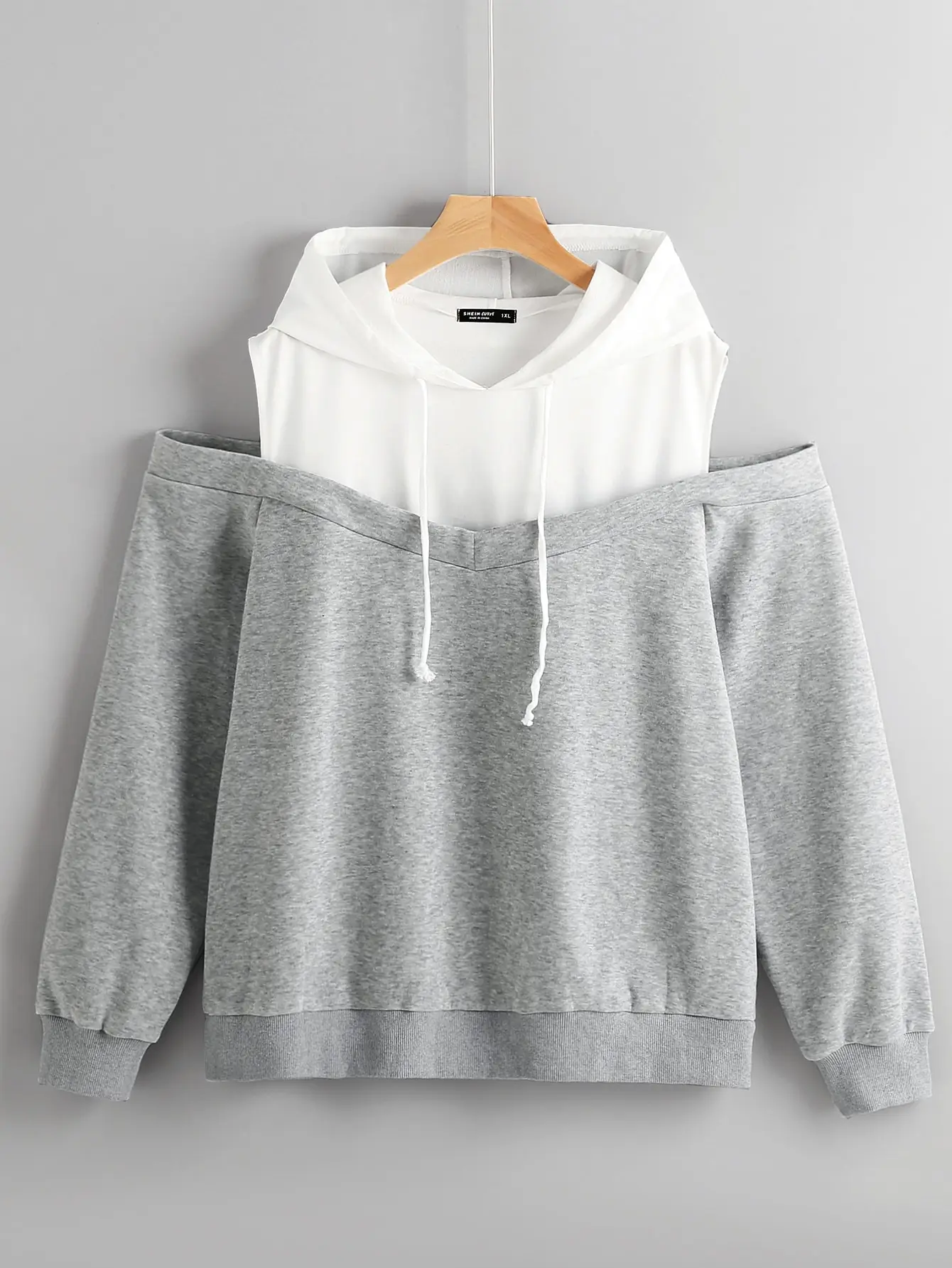 

Two-Tone Cold Shoulder Drawstring Hoodie for Women, Casual Fall Winter Pullover