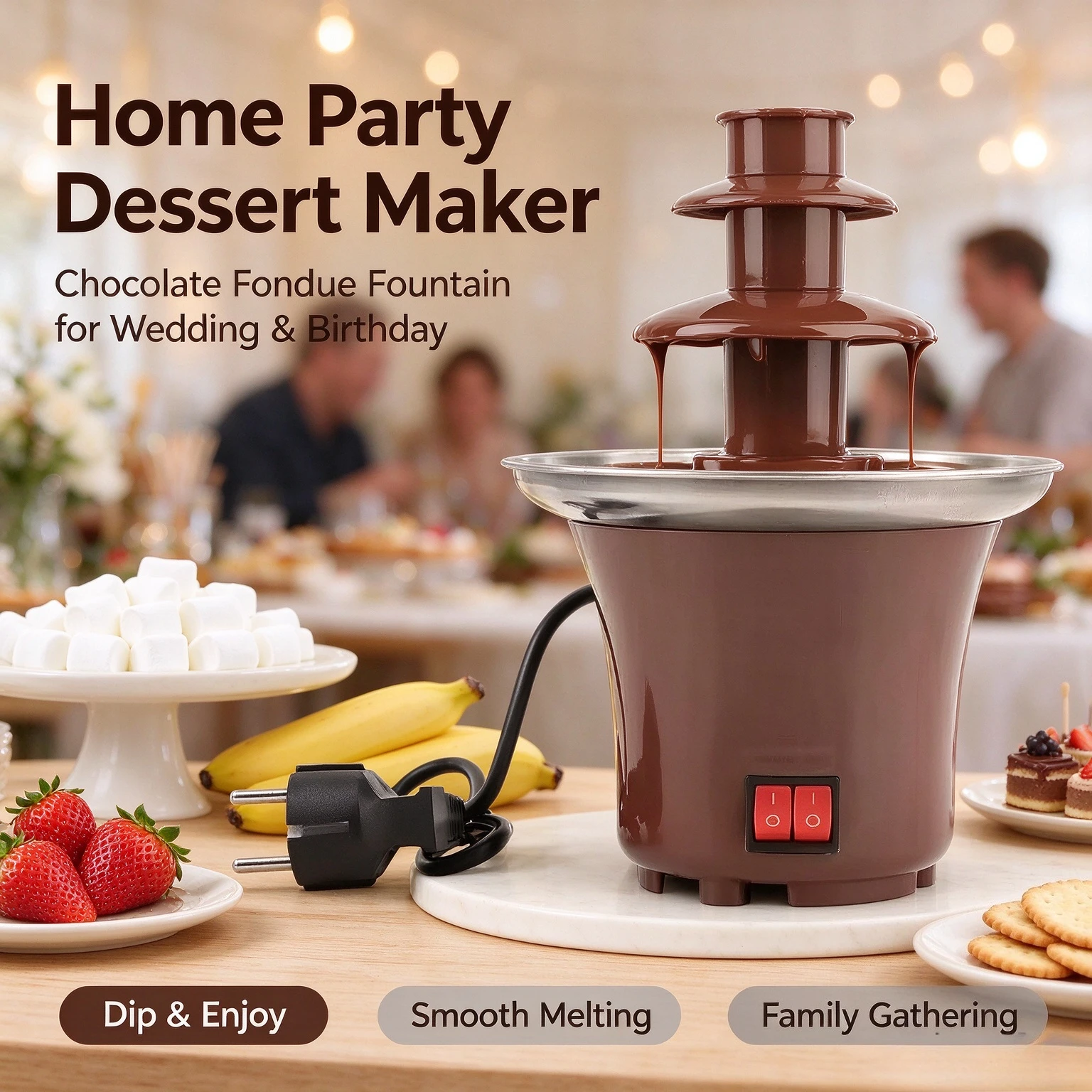 Mini 3-Tier Chocolate Fountain Machine, Elegant Household Dessert Maker, Auto Melting Fondue Pot for Wedding & Home Party