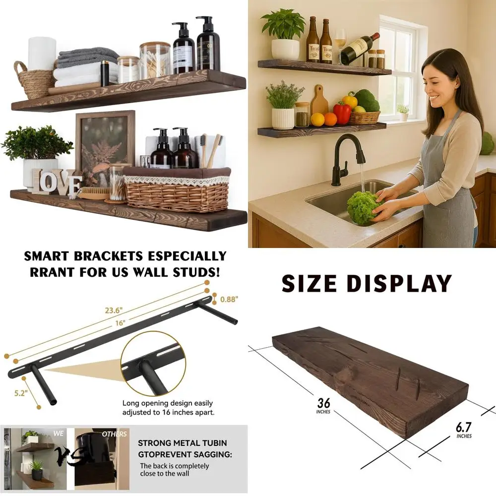 

36 Rustic Distressed Wooden Floating Shelves - Wide for Home Use in Bathroom, Living Room, Bedroom, and Kitchen