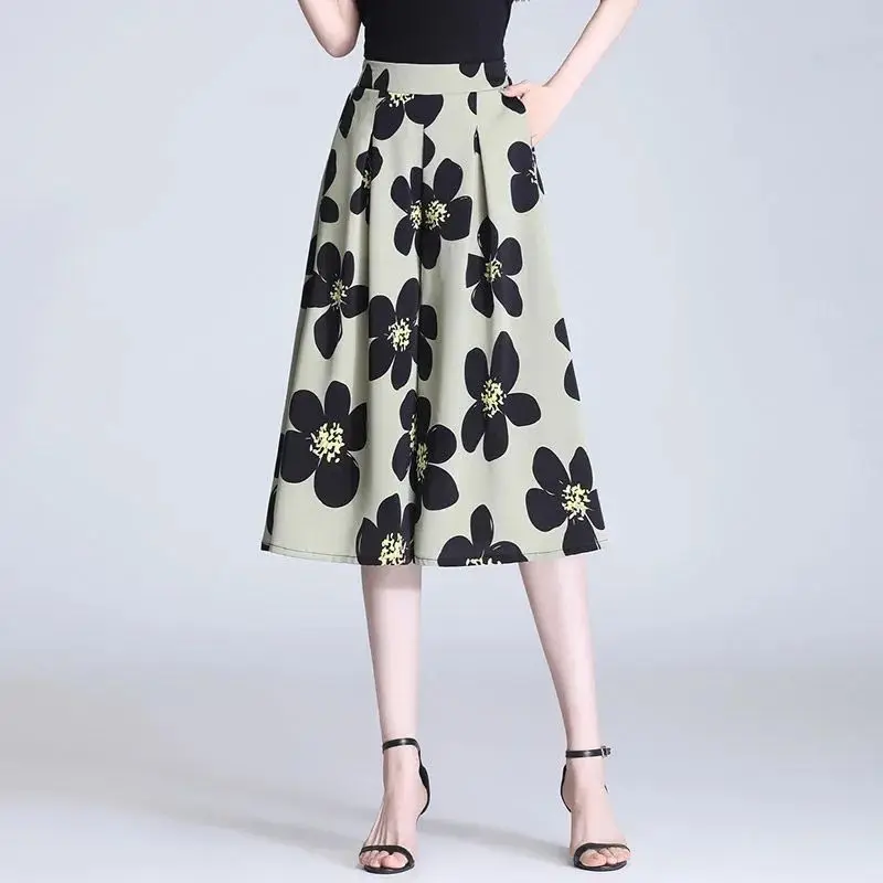 Summer New Fashion Simple Elegant High Waist Chiffon Wide Leg Pants Women Print Pockets Loose Casual Straight Thin Floral Skirts