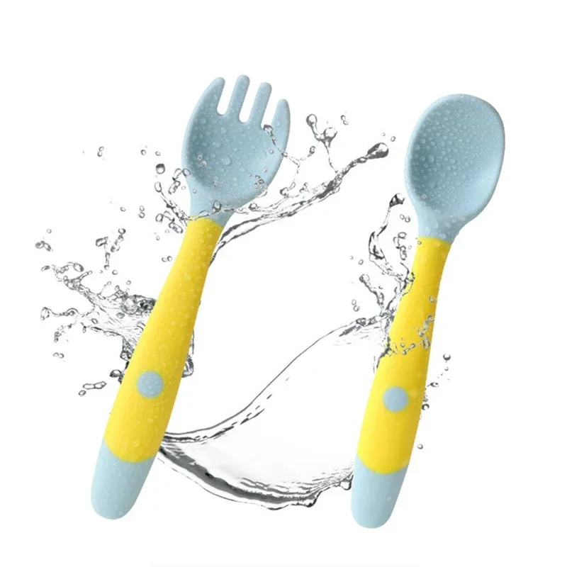 Baby Children Spoon Fork Set Soft Bendable Silicone Scoop Fork Kit Tableware Toddler Training Feeding Cutlery Utensil