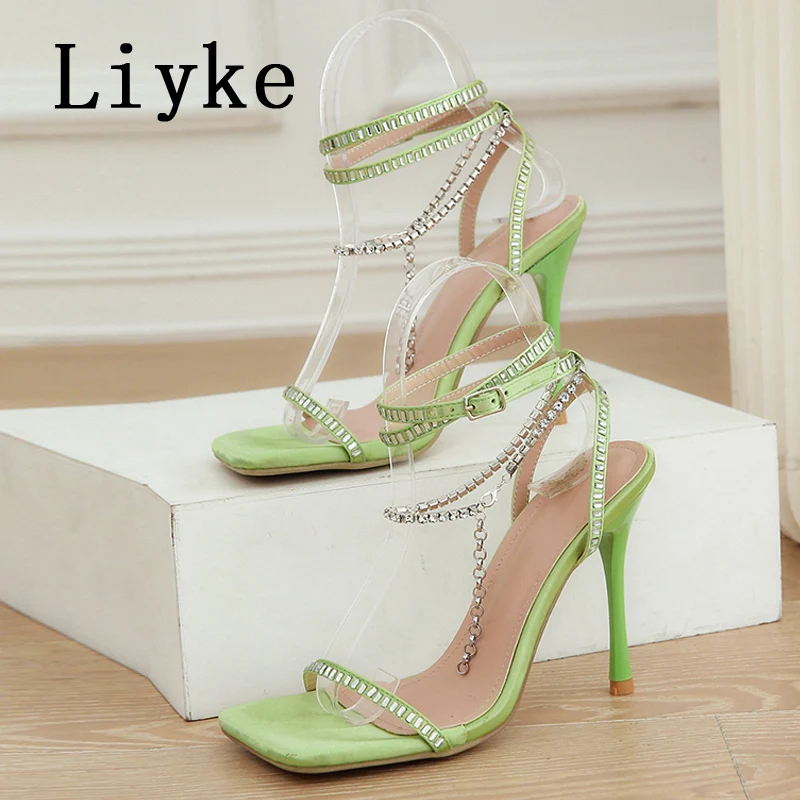 Liyke Runway Style Crystal Chain Sandals Women Fashion Square Toe Ankle Strap Green High Heels Party Wedding Stripper Shoes Lady