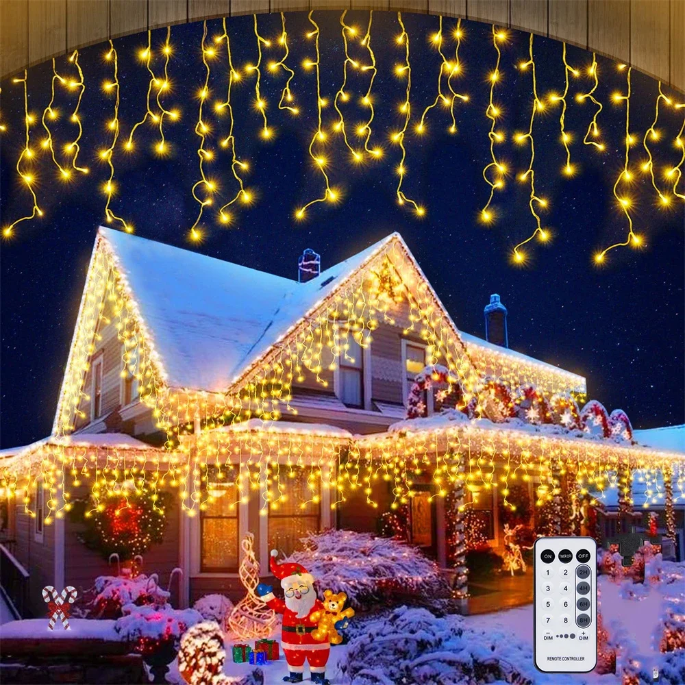 Cortina LED de carámbano para exteriores, guirnalda de luces navideñas para el hogar, decoración de Año Nuevo, invierno, 4-80M