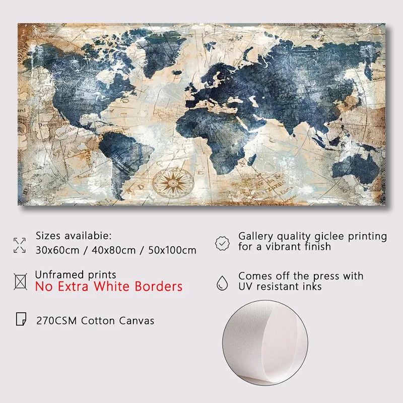 1pc Canvas Poster Vintage Art World Map Poster Decor Wall Art Posters Bedroom Living Room Corridor Wall Decoration Ideal Gift