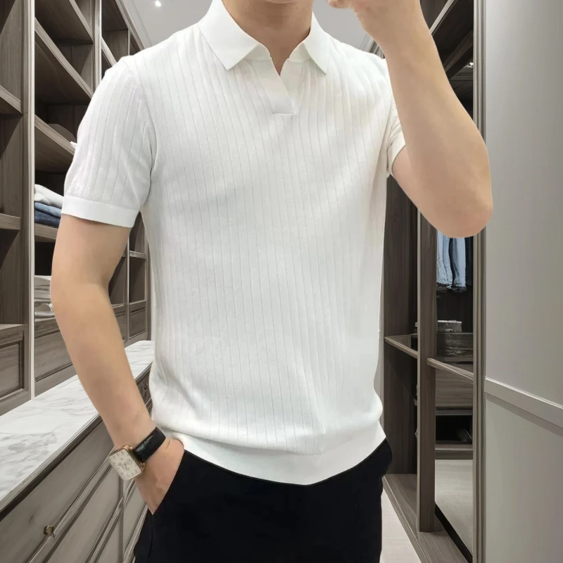 

Men's Clothing Solid Color Polo T-Shirt Korean Style Vertical Stripe Slim Fit Casual Trendy Versatile Short Sleeve Top