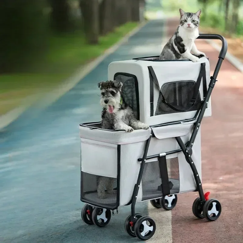 Double Deck Pets Stroller Folding Dog Cat Strollers Ventilation Portable Carriers Outdoor Travel Pet Products Supplies