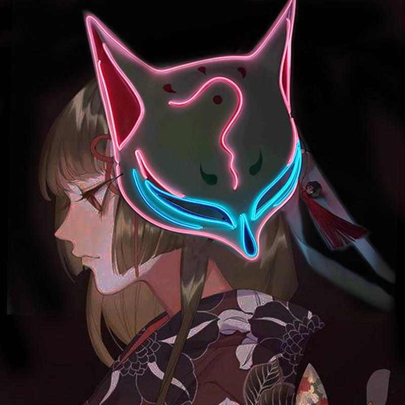 

Маска для лица с неоновым освещением, светящаяся японская маска лисы, светящиеся маски для танцевального шоу на половину лица для женщин, реквизит для косплея ведьмы на Хэллоуин