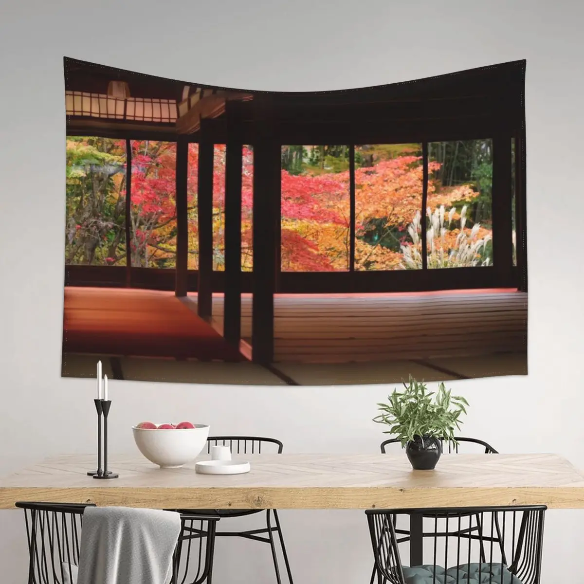 

Traditional Japanese temple hall interior with beautiful autumn nature behind the windows of Tenjuan temple in Kyoto ar Tapestry