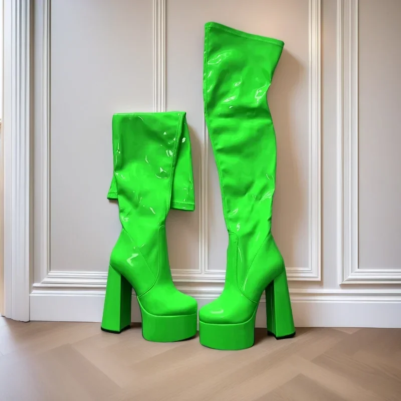 Ladies' Patent Leather High Heels Thick Sole Fashion Side Zipper Knee High Boots European and American Sexy Stage Walking Shoes - Image 5