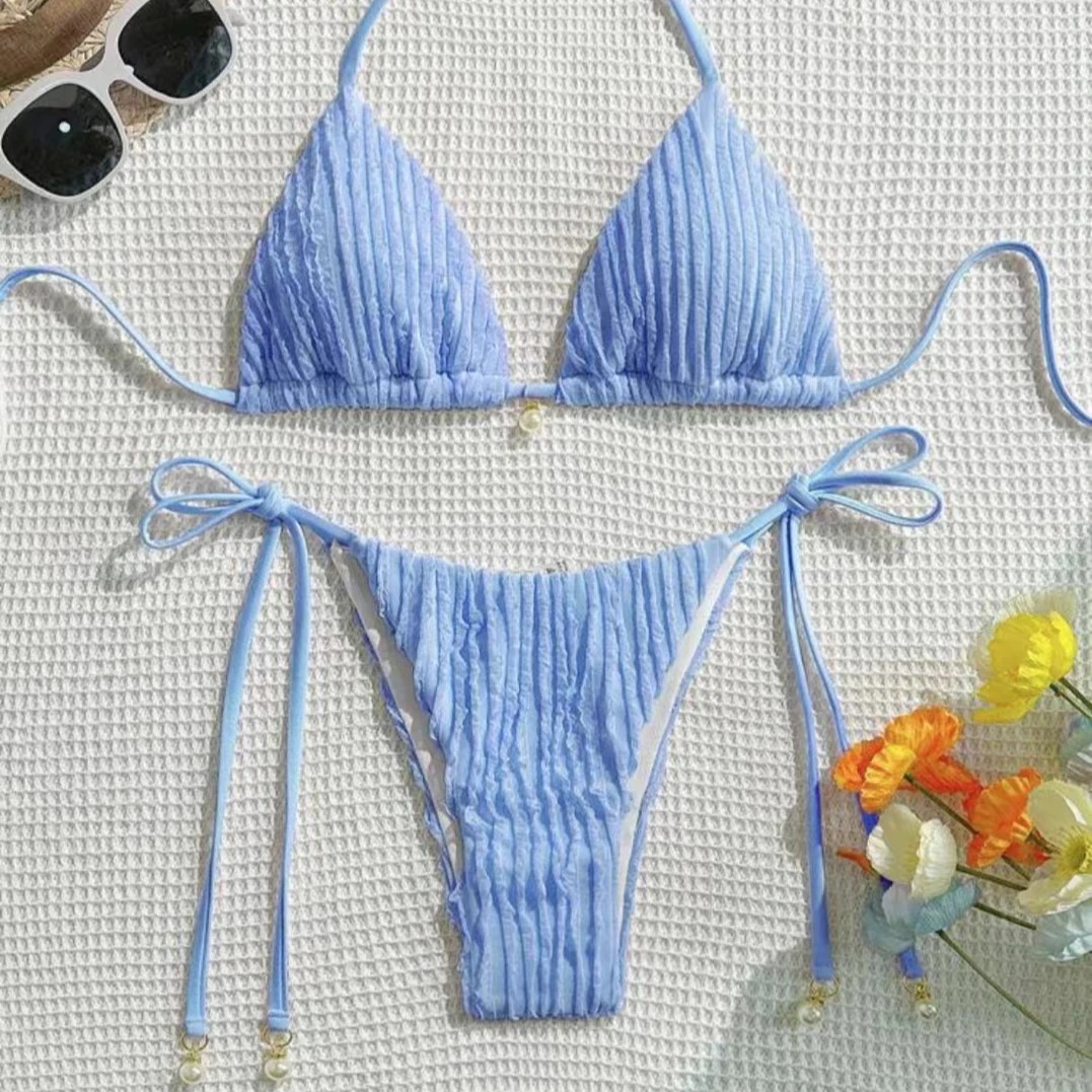 

Сексуальный комплект бикини из специальной ткани, бикини с открытой спиной, комплект из 2 предметов, женский однотонный купальник со шнуровкой и разрезом, пляжное бикини Biquine Brasileiro