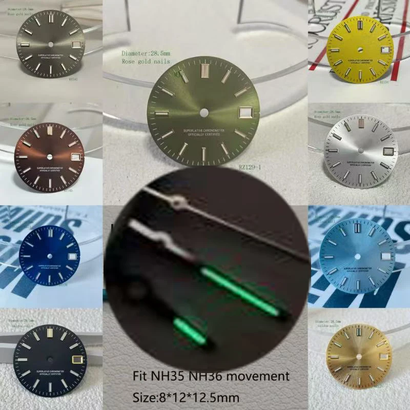 verde luminoso Vendite calde 28,5 mm Lucernario singolo data verde Logo nero Quadrante nh35 nh36 Movimento automatico Logo da 29 mm quadrante verde