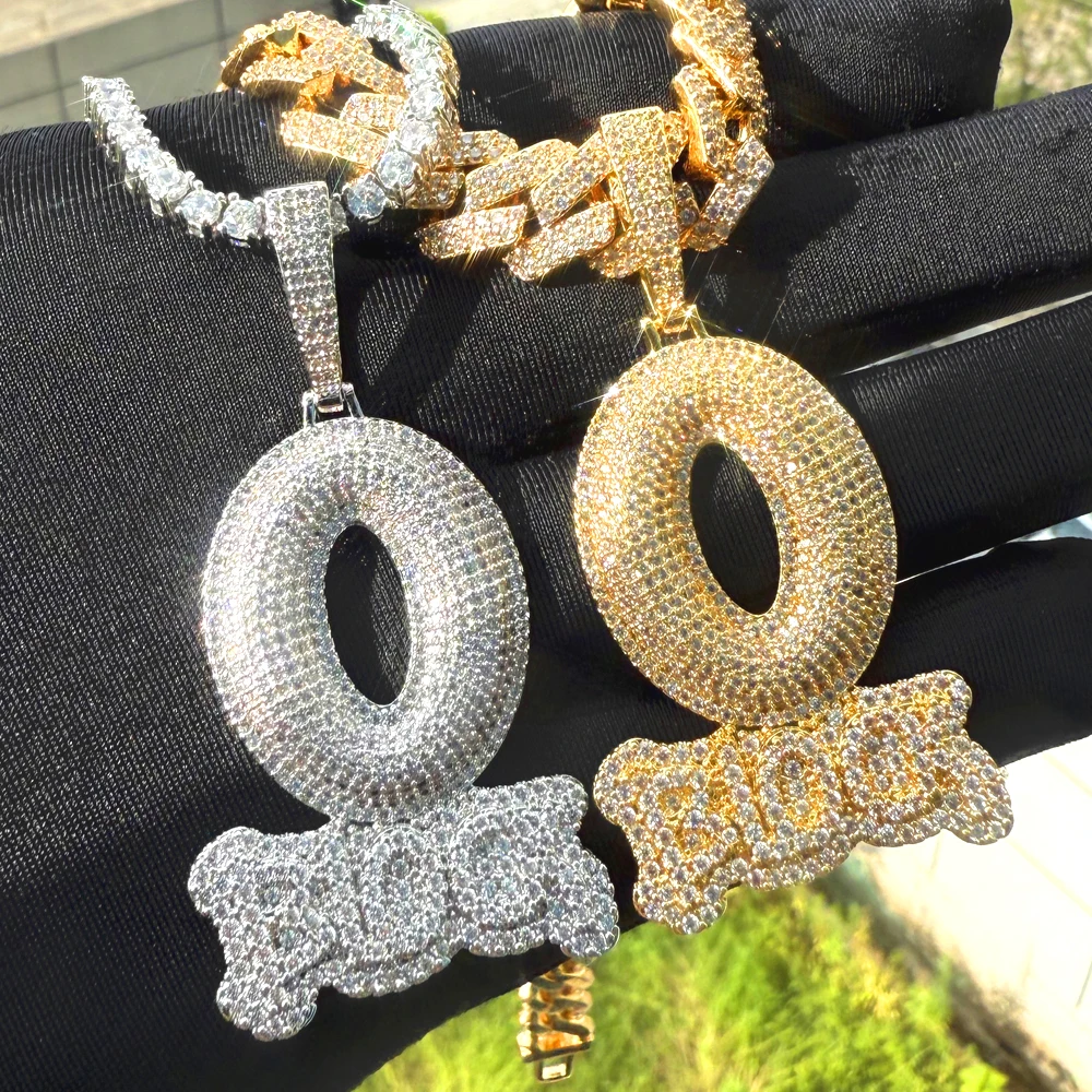 Iced Out Letter O Block Pendant Bling Cubic Zirconia Micro Pave Cz Paved Hip Hop Men Boy Rope Chain Jewelry