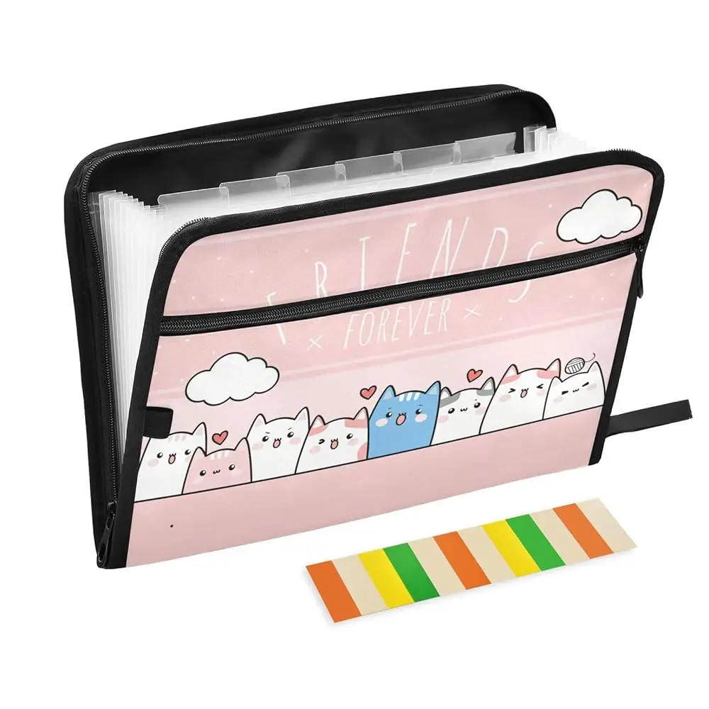 

Free Shipping-Cute Kitty Cat Pink Expanding Accordion File Folder with 13 Pockets, Sticky Labels & Zipper Closure