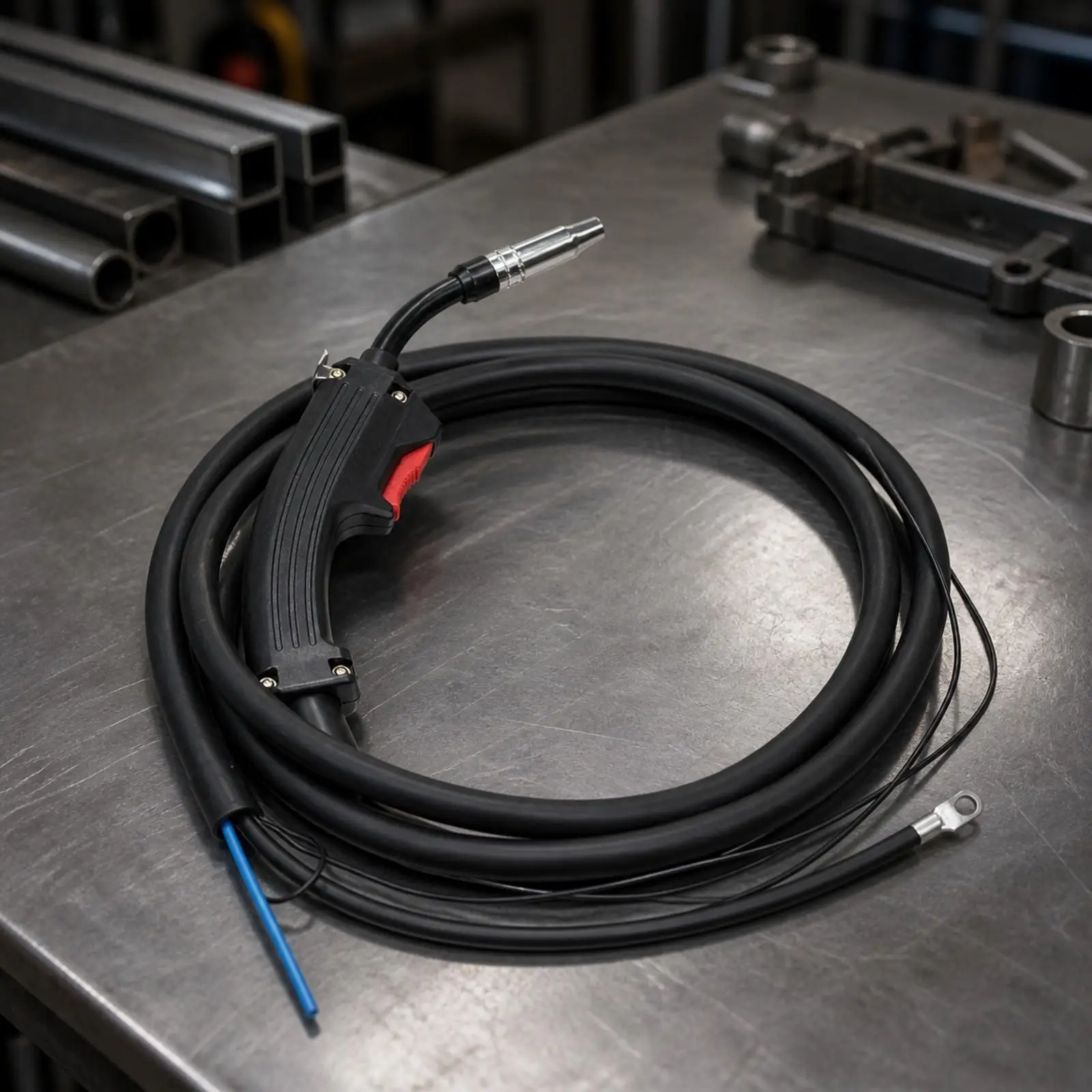 Ergonomic MIG Welding Torch Dark Grip Red Trigger Curved Front Neck for Workshop Metal Joining Tool Replacement