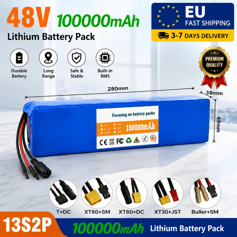13S2P 48V 100Ah Lithium-Akkupack 100000mAh 18650 Wiederaufladbarer Akku mit intelligentem BMS für E-Bike, Elektrofahrrad, Roller 250W 350W 500W 750W 1000W. Kostenloses 54,6V-Ladegerät.