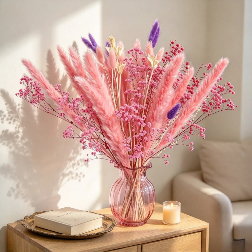 ボヘミアン風の自然なドライパンパスグラス、ピンクの花束。ふわ - Pampas Grass Decor のレビューと価格
