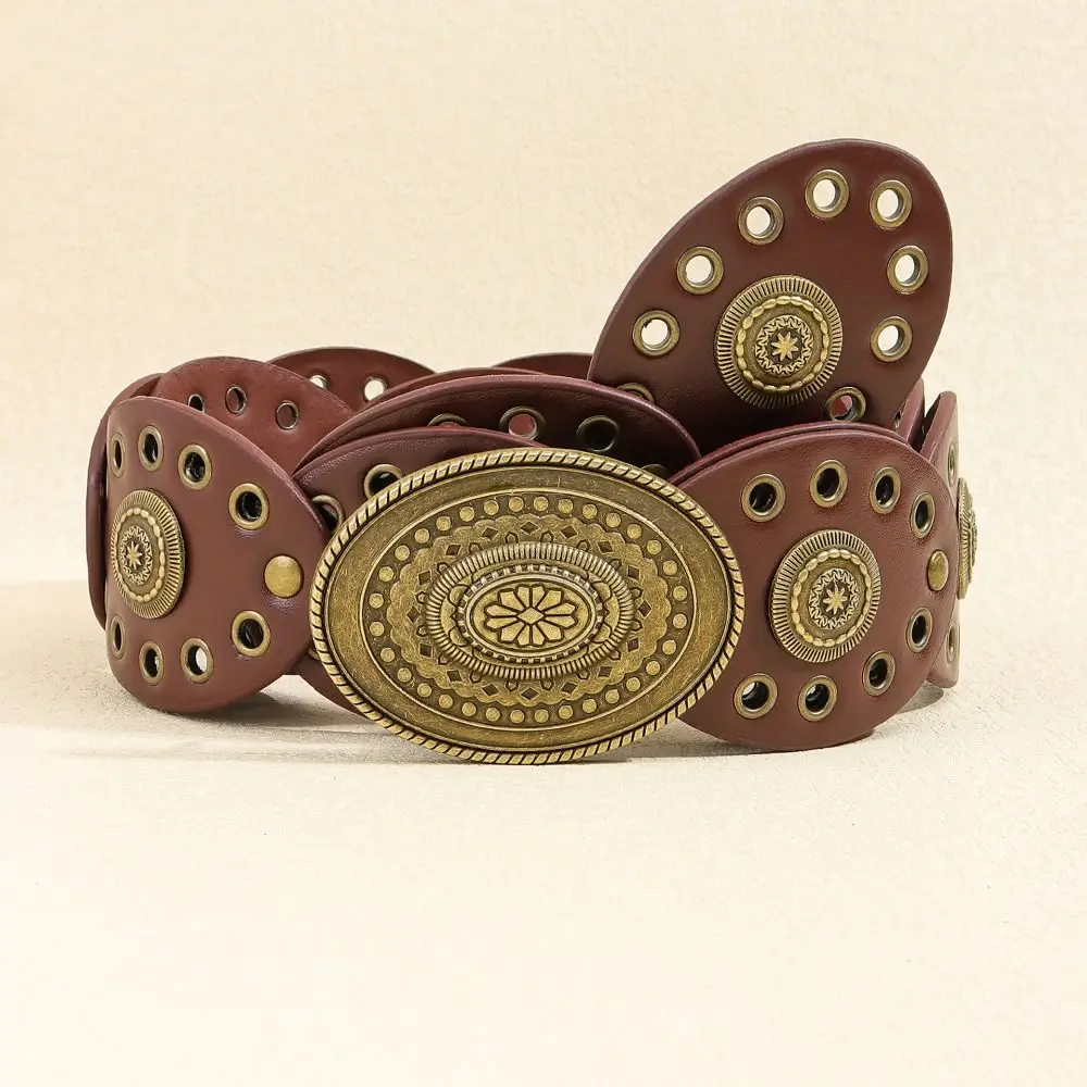

Y2K Hollow Disc Belt Y2K Disc Belt Ellipses Cowboy Western Style Hollow Belt Vintage Soft Metal Buckle Wide Disc Belt for Women