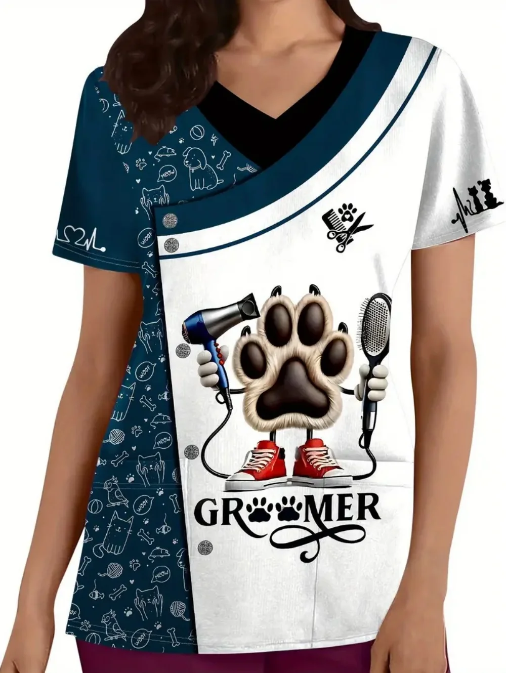 手術服女性獣医犬パターンプリントナーストップスファッションポケット付き V ネック服医療スクラブ女性 Tシャツ