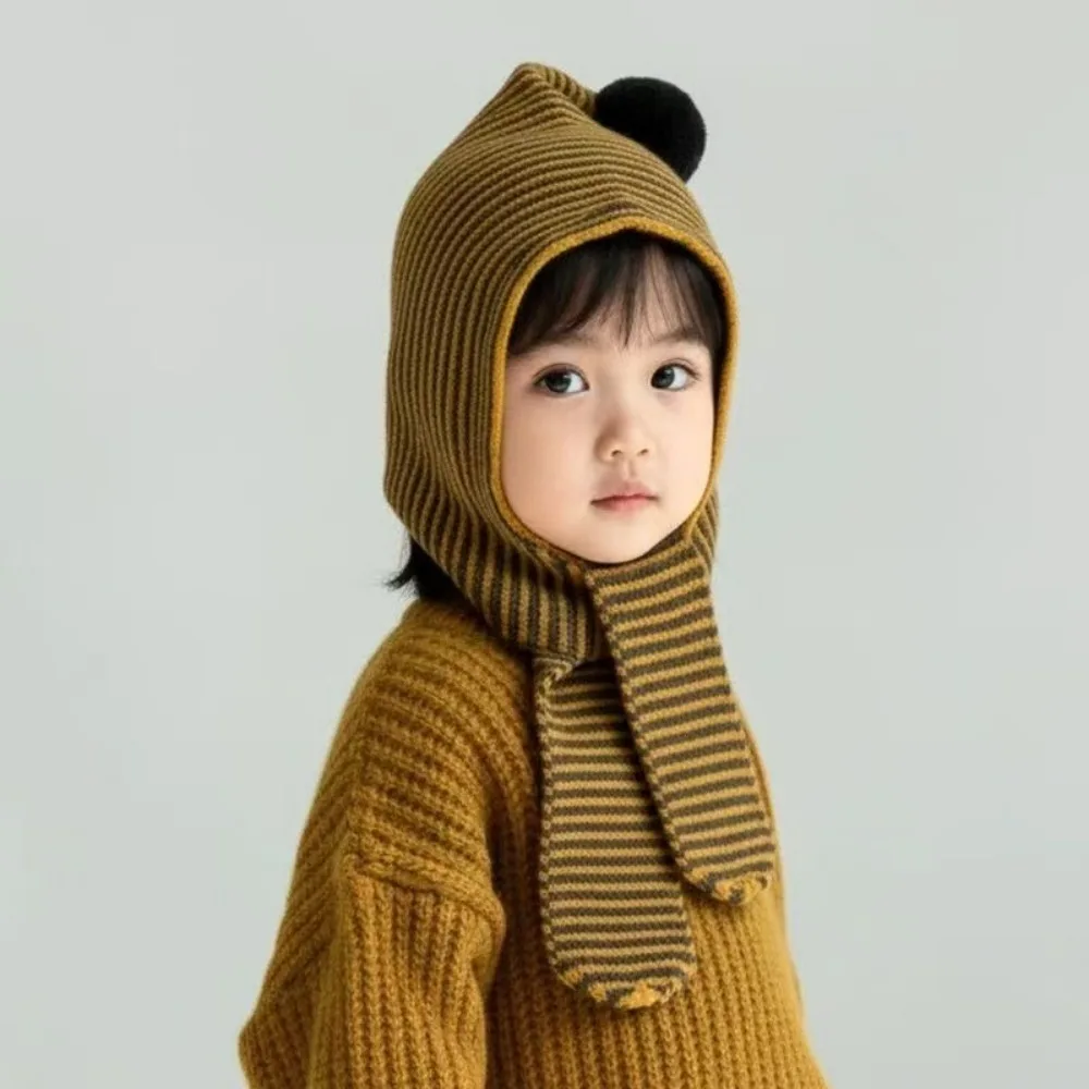 

Korean Winter Balaclava Hat Warm Ear Protection Knitted Hood Scarf Striped Windproof Bomber Cap Boy Girl Beanies