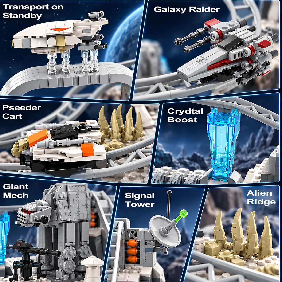 1386PCS Space Base Roller Coaster Building Blocks Set Sci Fi Movie Battle Scene Model Bricks Desktop Ornaments Puzzle Toys Gifts