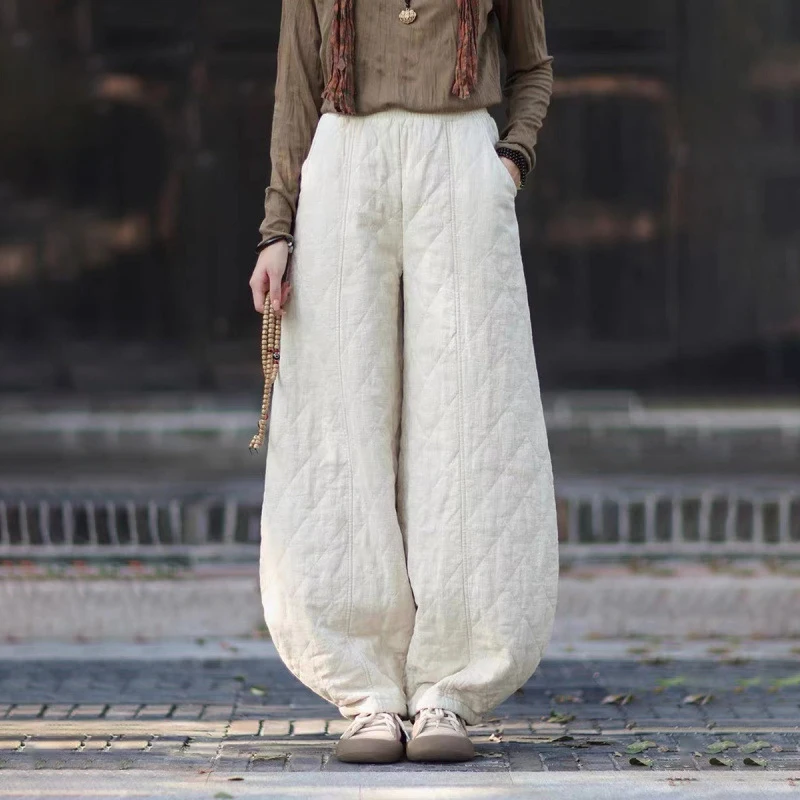 New Chinese Style Cotton Quilted Wide Leg Pants Women Autumn Winter Casual Loose Thicken Pants Elastic Waist Padded Trousers