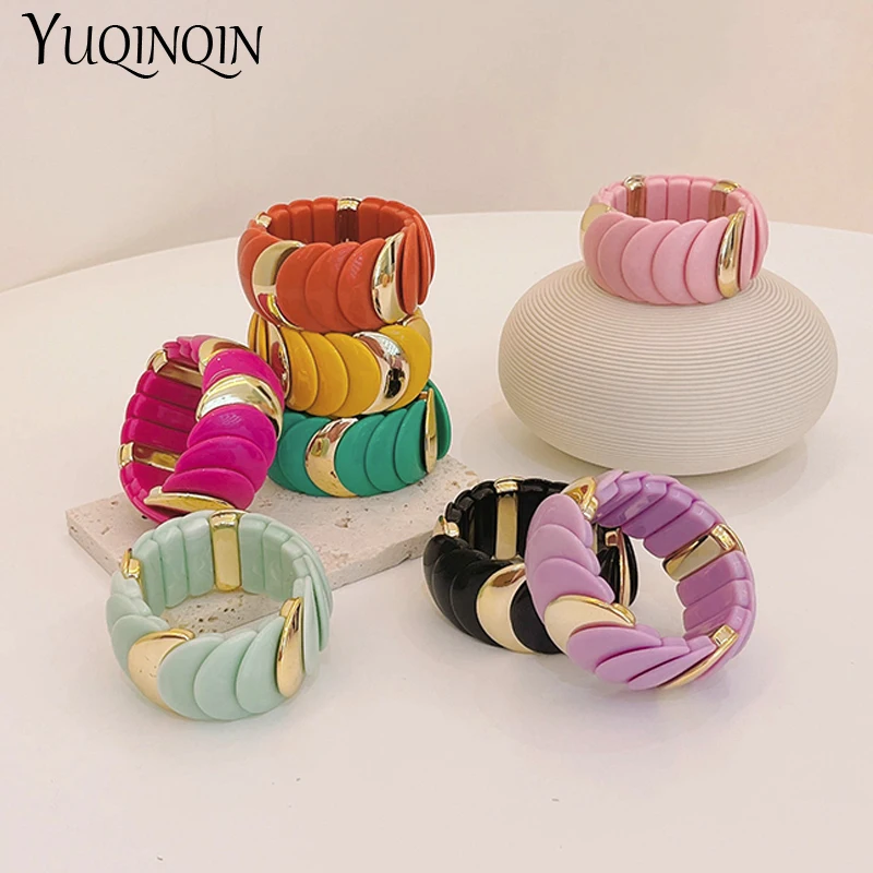 New Vintage Wide Link Beads Bangles Resin Chain Adjustable Bracelet Bangles For Women Charm Trending Jewelry Colorful Party Gift