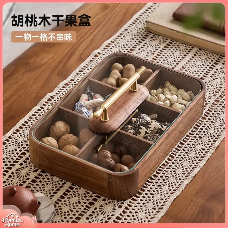 Solid Wood Dried Fruit Plate Chinese Style Living Room Serving Tray with Lid New Year Fruit Box Nut Candy Storage Dish Fruit