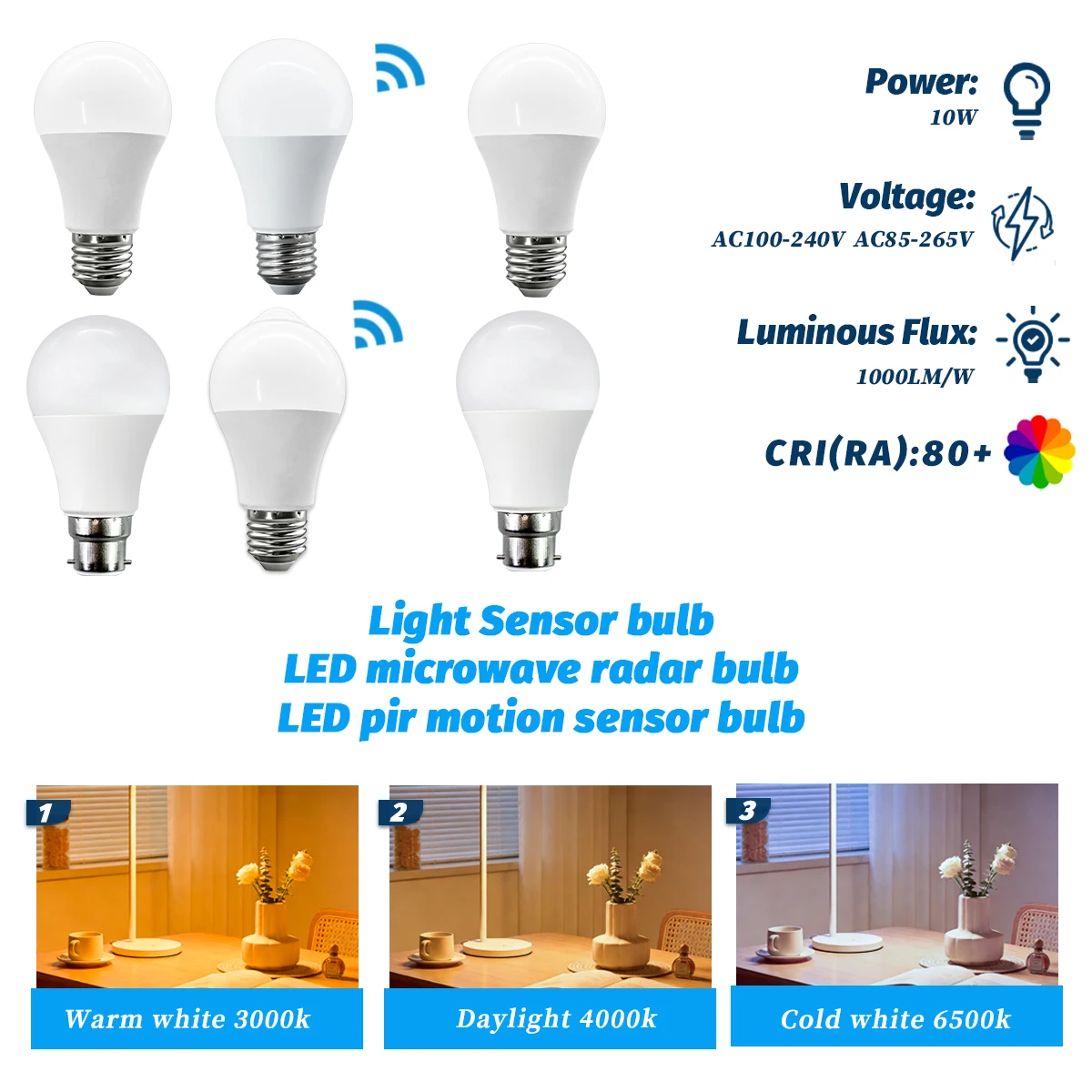 AC85-265V PIR Sensor Light Bulb E27 LED Motion Sensor Bulb LED Lamp Auto ON/OFF Lighting for Porch Stairs Garage Security Light