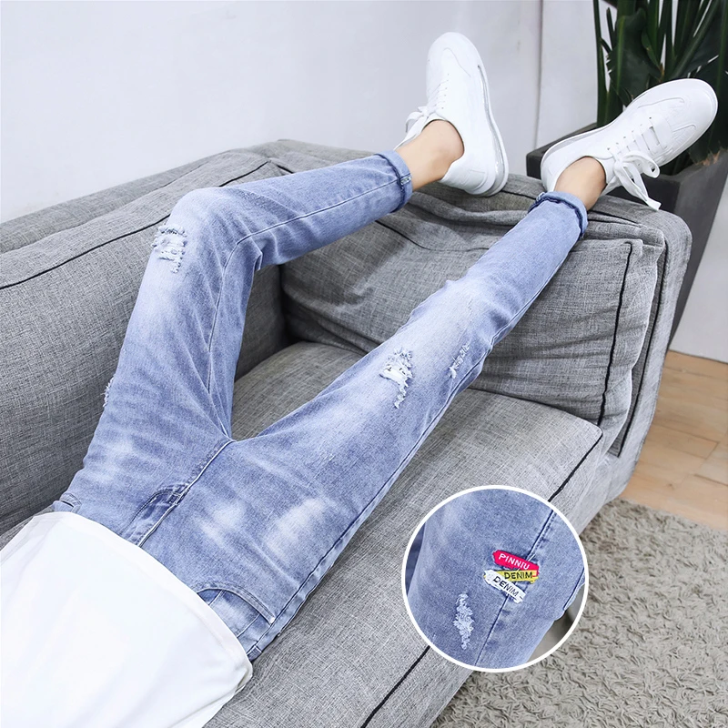 

Spring Autumn Slim Fit Casual Men's Jeans Trendy Brand Faionable Nine Point Long Pants Middle Waist Zipper ket Embroidery