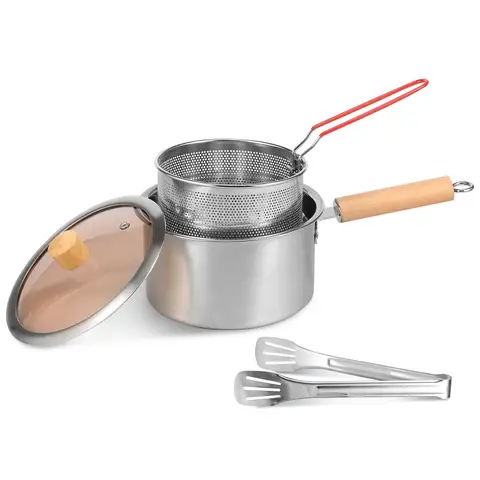 Stainless Steel Fryer Pot with Basket and Lid Deep Cooking Pot for Kitchen Cooking Frying Fish Shrimp Chicken Fries Mini Steamer