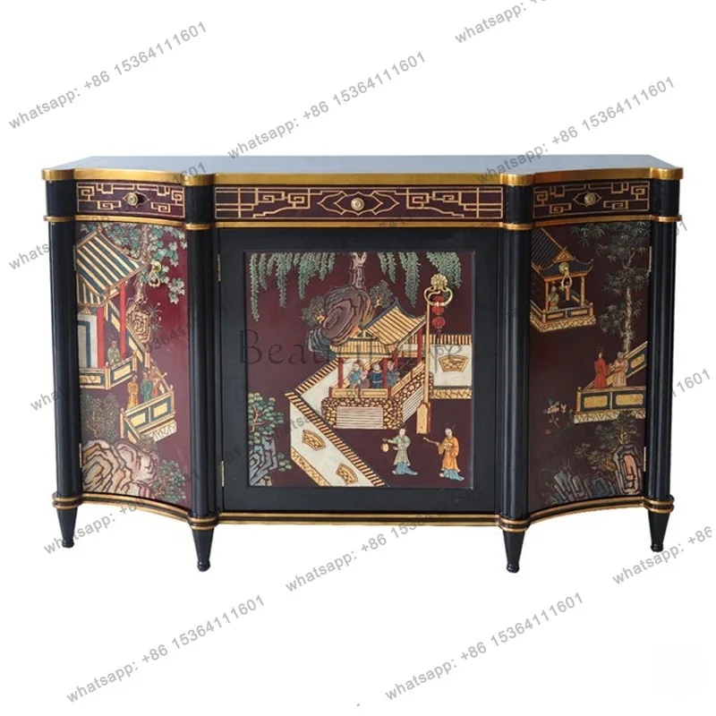 

French living room porch side cabinet gold foil hand painted landscape locker