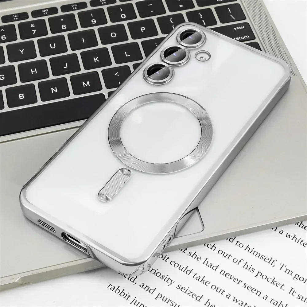 

Plating Clear Wireless Cover For Samsung Galaxy S24 S23 S22 S21 S20 FE Ultra Plus Case Note 20 Ultra MagSafe Magnetic Shell Lens