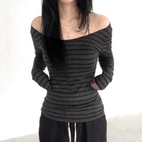 Y2K Grunge Emo 00s Vintage T-Shirt Black Grey Striped Off Shoulder Long Sleeve Jumper Top Chic Women Autumn Retro Goth Tee Shirt