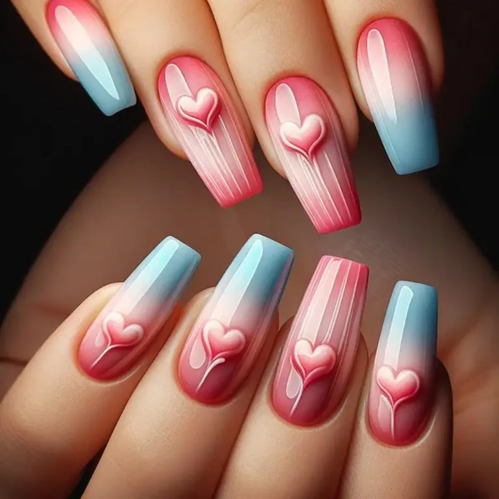 Valentine's Heart Design Press-On Nails with Gradient Blue and Glitter Accents for Women