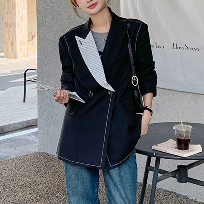HKSH 春秋の新作レディースブレザー非対称カラーブロックダブルブレストポケットシックな韓国多用途カジュアルジャケット HK14379