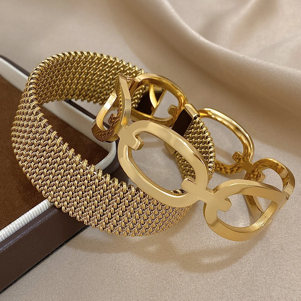 Vintage Y2K Edelstahl Breite Weben Offene Manschette Armreif Für Frauen Neue Hohl Wasserdicht Stapelbar Charms Schmuck Geschenke
