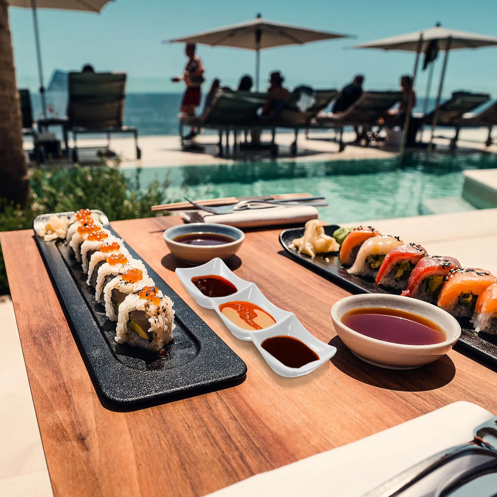 Plato de salsa de inmersión de tres secciones, bandeja reutilizable para servir en el hogar para Sushi, vinagre de soja, aceite de chile Wasabi, condimento multifunción