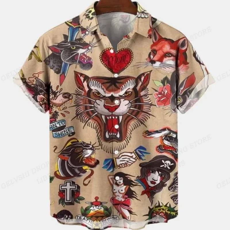 Summer Vintage Hawaiian Shirts Men Fashion Short Sleeve Lapel Camisas Dragon 3d Print Beach Shirts Single Breasted Blouse Floral