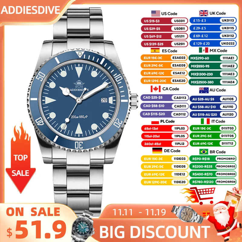 

ADDIESDIVE Divers Watch 39mm Blue Luminous Quartz Watches Men 200m Waterproof Steel AD2068 AR Coated Ceramic Bezel Diving Watch