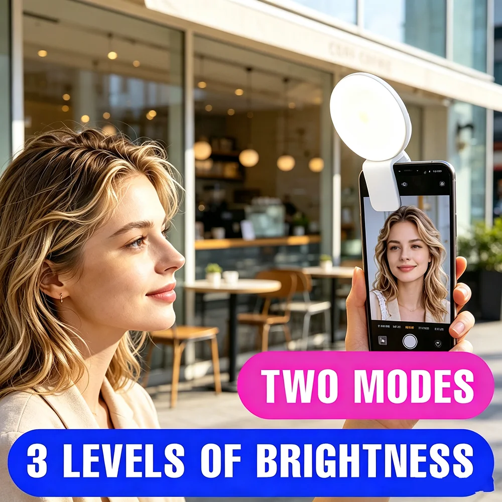 Portable Clip On Selfie Fill Light Rechargeable Phone Beauty Lamp 2 Modes 3 Brightness For Makeup Skincare Selfie Vlog Shooting
