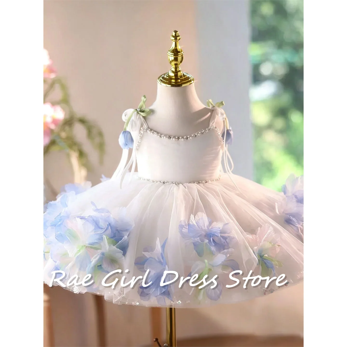 White Tulle Flower Girl Dress Spaghetti Straps Ribbon Ties 3D Blue Gradient Floral Pearl Short Birthday Photoshoot Customized